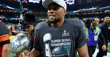 Saquon Barkley of the NFL's Philadelphia Eagles celebrates winning Super Bowl LIX on Feb. 9.
