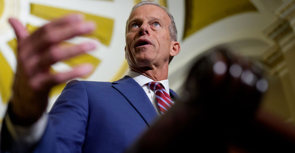 Senate Majority Leader John Thune, R-S.D., speaks to reporters at the Capitol on Tuesday.