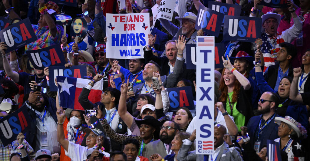 Texas delegates cheer at the Democratic National Convention in Chicago on Aug. 20, 2024.