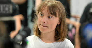 22-year-old Swedish left-wing activist Greta Thunberg talks with reporters.