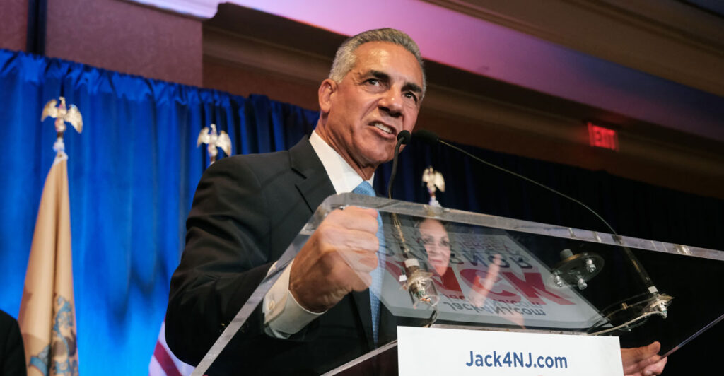 New Jersey GOP gubernatorial candidate Jack Ciattarelli speaks at a podium.