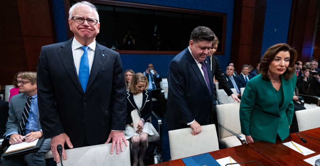 From left, Govs. Tim Walz of Minnesota, JB Pritzker of Illinois, and Kathy Hochul of New York arrive for a House committee hearing on Thursday.
