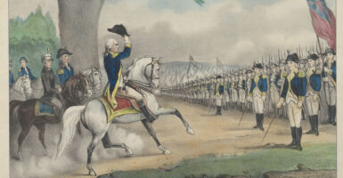 A Currier & Ives print of George Washington taking command of the Continental Army in 1775. Washington lifting his hat in salute.