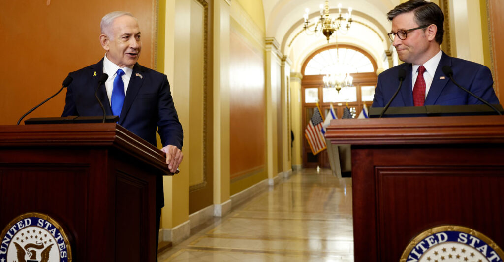 Speaker Mike Johnson, R-La. (right), and Israeli Prime Minister Benjamin Netanyahu speak to reporters at the U.S. Capitol last July 24.