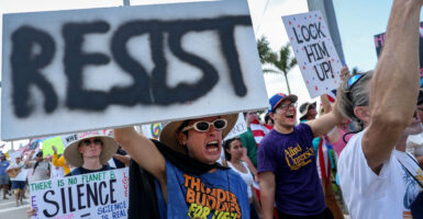 Protesters at "No King" demonstrations hold signs.