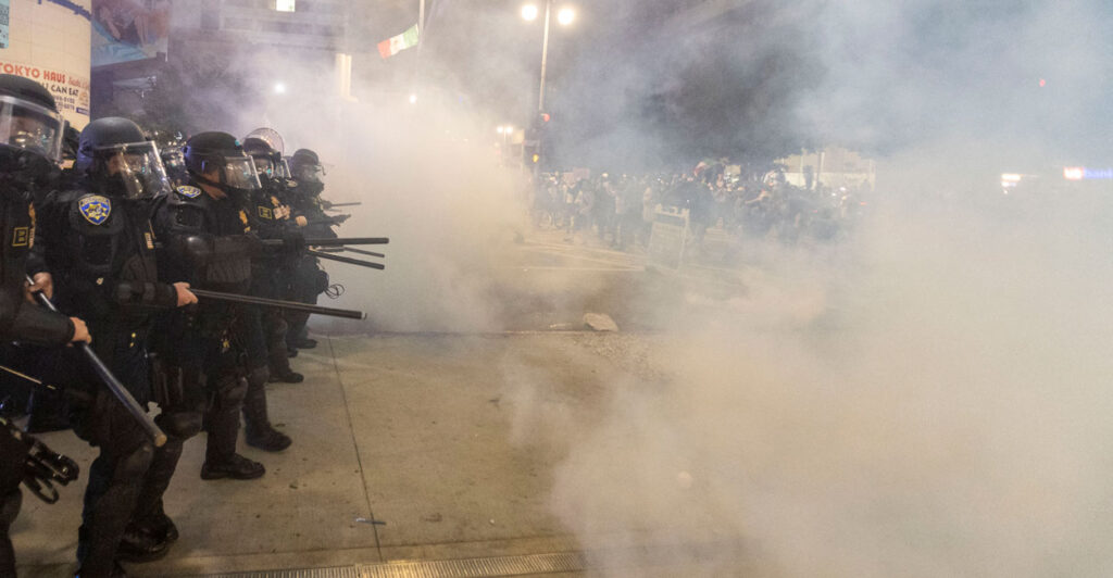 a chaotic scene from the recent Los Angeles riots