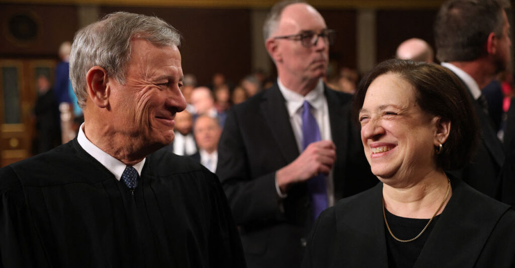 Chief Justice John Roberts and Justice Elena Kagan share a laugh before President Donald Trump's address to Congress.