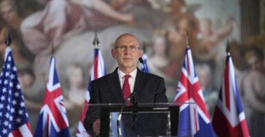 UK Defence Secretary John Healey speaks during a press conference at the AUKUS Defence Ministers Meeting at Old Royal Naval College, Greenwich, on September 26, 2024 in London, England. The AUKUS trilateral meeting of defence ministers from the UK, Australia and the US is held outside of the United States for the first time. Attending from the UK Defence Secretary, John Healey, Australian Deputy Prime Minister and Minister for Defence, Richard Marles, and US Secretary of Defense, Lloyd Austin.