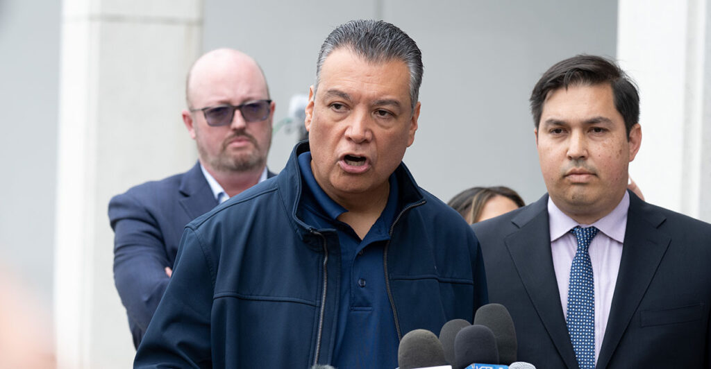 Sen. Alex Padilla in a blue polo shirt