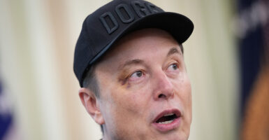Elon Musk, wearing a ballcap reading "DOGE," short for the Department of Government Efficiency.