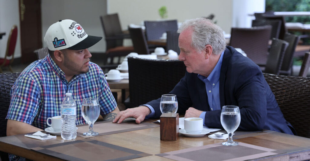 Sen. Chris Van Hollen, D-Md., speaks with imprisoned Kilmar Armando Abrego Garcia in San Salvador, El Salvador, on April 17.