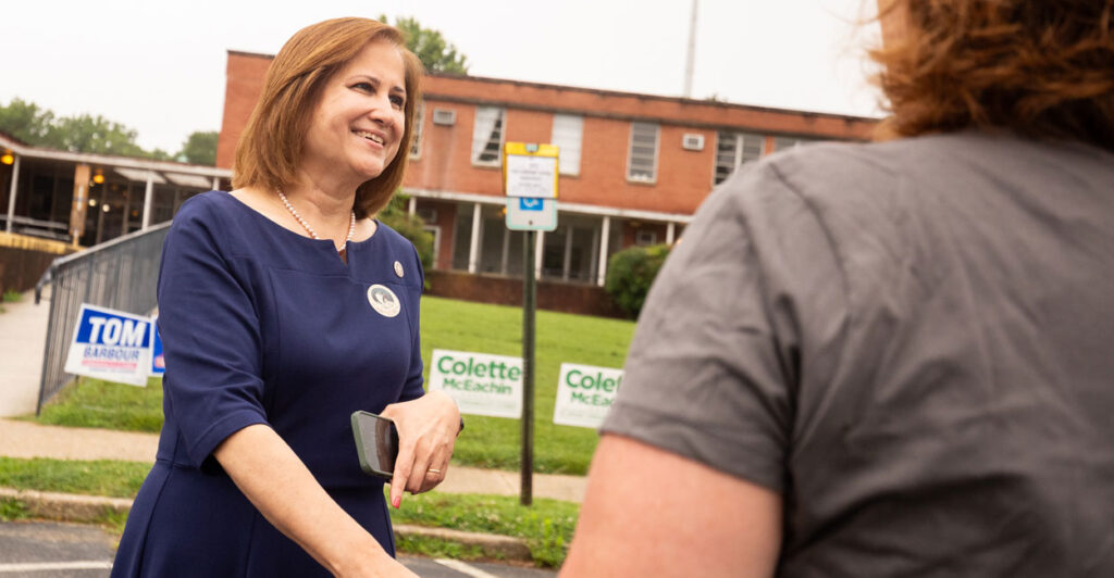 Democrat Virginia state Sen. Ghazala Hashmi greets a prospective voter.
