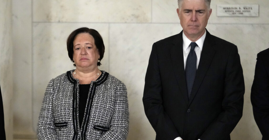 Supreme Court Justice Elena Kagan and Justice Neil Gorsuch attend a private ceremony for retired Supreme Court Justice Sandra Day O'Connor before public repose in the Great Hall at the Supreme Courton December 18, 2023 in Washington, DC. O’Connor, the first woman appointed to be a justice on the U.S. Supreme Court, died at 93 on December 1.