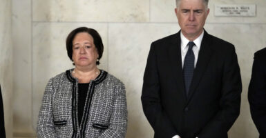 Supreme Court Justice Elena Kagan and Justice Neil Gorsuch attend a private ceremony for retired Supreme Court Justice Sandra Day O'Connor before public repose in the Great Hall at the Supreme Courton December 18, 2023 in Washington, DC. O’Connor, the first woman appointed to be a justice on the U.S. Supreme Court, died at 93 on December 1.