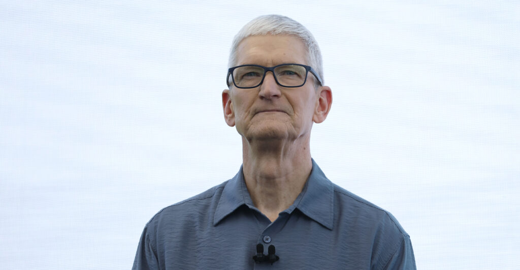 CUPERTINO, CALIFORNIA - JUNE 09: Apple CEO Tim Cook speaks during the Apple Worldwide Developers Conference (WWDC) on June 09, 2025 in Cupertino, California. Cook kicked off the annual Apple WWDC conference, which runs through June 13. Apple is expected to announce design and fuctionality updates to the operating system of its various products.