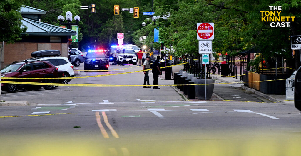 The scene of the Boulder, Colorado, terrorism attack, marked off with yellow police crime-scene tape