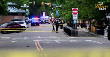 The scene of the Boulder, Colorado, terrorism attack, marked off with yellow police crime-scene tape