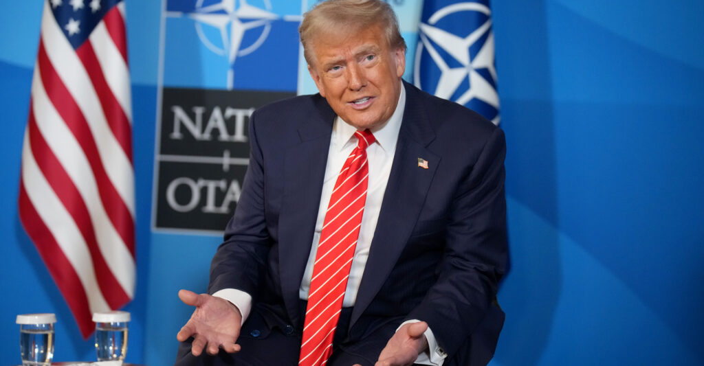 THE HAGUE, NETHERLANDS - JUNE 25: U.S. President Donald Trump speaks to media at the start of the second day of the 2025 NATO Summit on June 25, 2025 in The Hague, Netherlands. Among other matters, members are to approve a new defense investment plan that raises the target for defense spending to 5% of GDP.