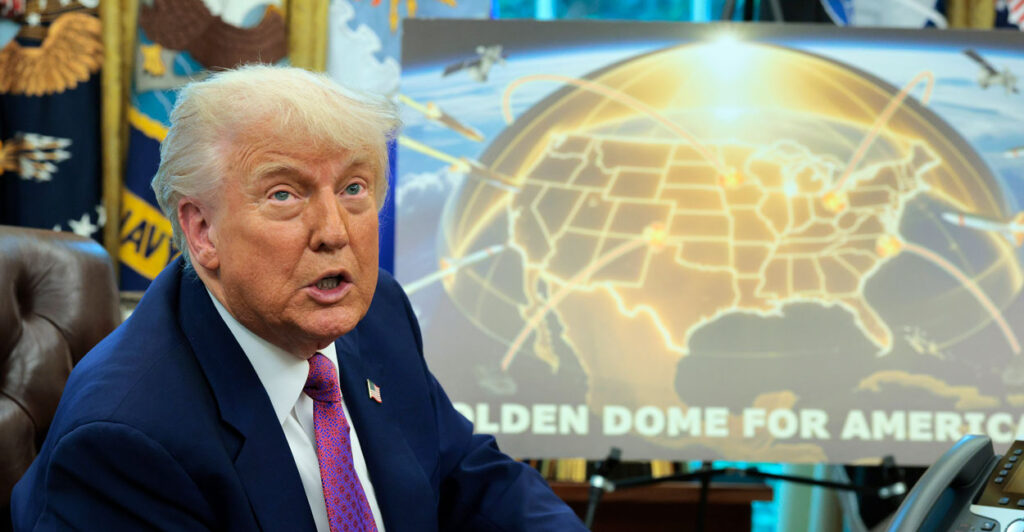 President Donald Trump makes the case for a "Golden Dome” missile-defense shield with an artist's rendition of it.