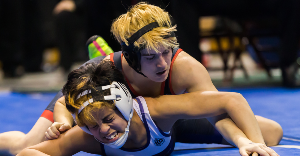 Transgender athlete Mack Beggs wrestles Chelsea Sanchez in the final round of the 6A Girls 110 Weight Class match during the Texas Wrestling State Tournament on February 25, 2017 at Berry Center in Cypress, Texas (Leslie Plaza Johnson/Icon Sportswire via Getty Images)
