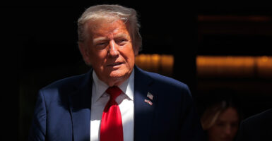 A smiling President Donald Trump partially in shadow.