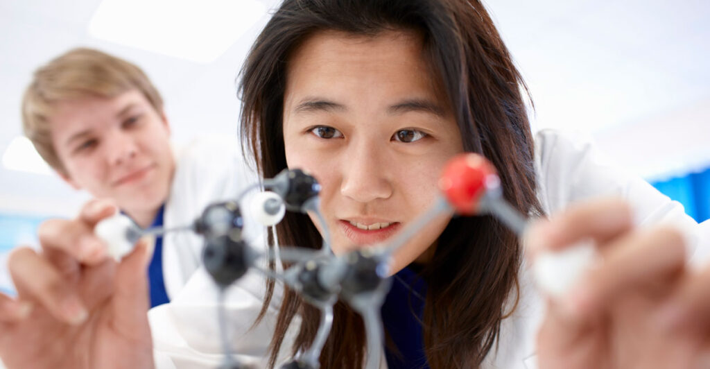 An Asian American high school student looks closely at a model of a molecule