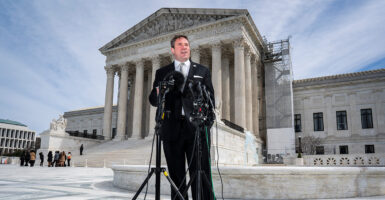 Missouri Attorney General Andrew Bailey, seen here in front of the Supreme Court on March 18, 2024.