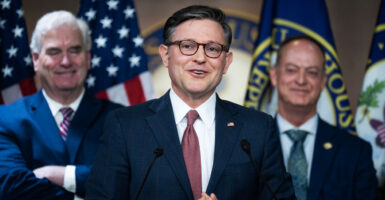 From left: House Majority Whip Tom Emmer, R-Minn.; Speaker of the House Mike Johnson, R-La.; and Rep. Mark Messmer, R-Ind.