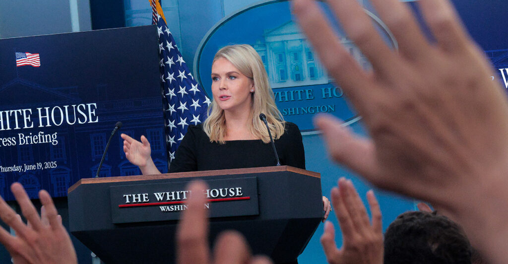 White House press secretary Karoline Leavitt at the lectern speaking to reporters