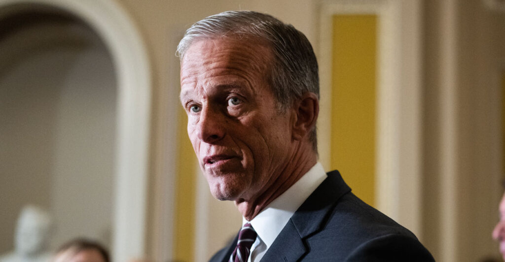Close-up of Sen. Majority Leader John Thune in three-quarter left profile.
