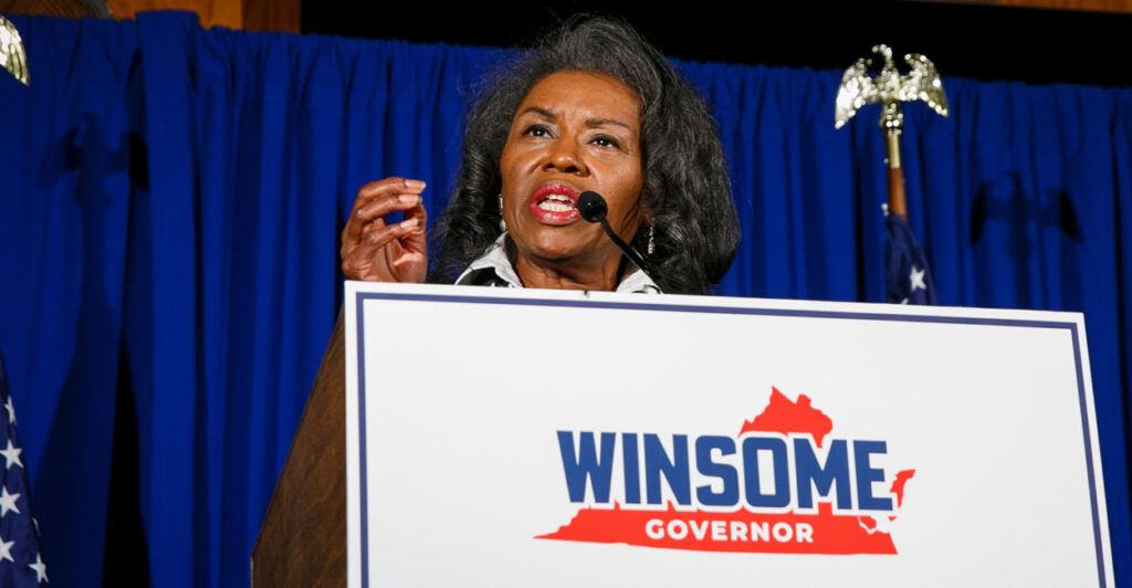 Virginia Republican gubernatorial candidate Winsome Earle-Sears speaking at a podium