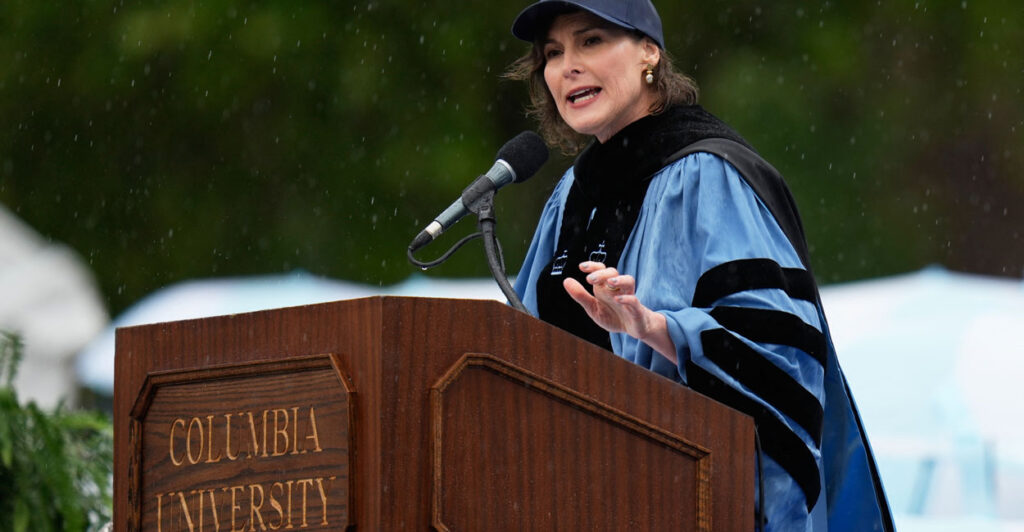 Columbia University acting President Claire Shipman speaks at commencement ceremonies in New York City on May 21.