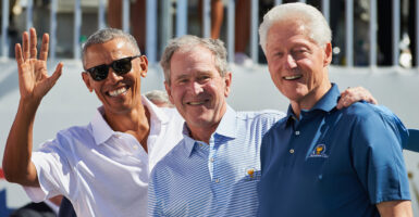 From left, former Presidents Barack Obama, George W. Bush, and Bill Clinton are seen here at a golf club in Jersey City, N.J., on Sept. 28, 2017.