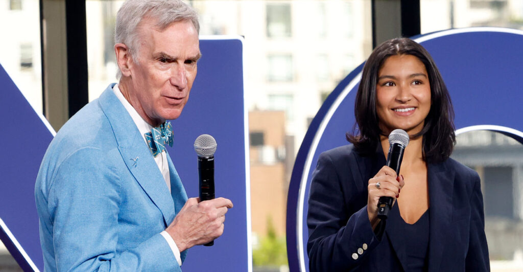 TV "Science Guy" Bill Nye and now-Arizona Democratic congressional hopeful Deja Foxx speak at the 2025 Global Citizen NOW Summit on April 30 in New York City.