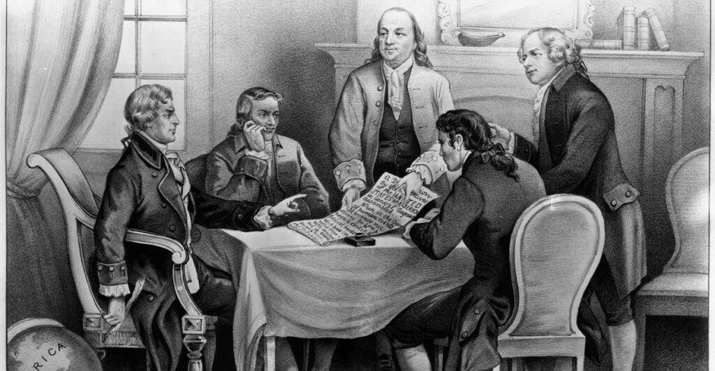 An etching of the Declaration Committee of those who drafted the Declaration of Independence: Thomas Jefferson, John Adams, Roger Sherman, Ben Franklin and Robert Livingston. With Franklin and Adams standing, the others sitting, with Jefferson pointing to a draft of the Declaration.