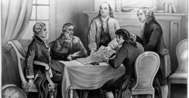 An etching of the Declaration Committee of those who drafted the Declaration of Independence: Thomas Jefferson, John Adams, Roger Sherman, Ben Franklin and Robert Livingston. With Franklin and Adams standing, the others sitting, with Jefferson pointing to a draft of the Declaration.