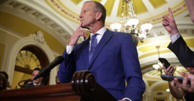 Senate Majority Leader John Thune, R-S.D., speaks at a news briefing on Wednesday in Washington.