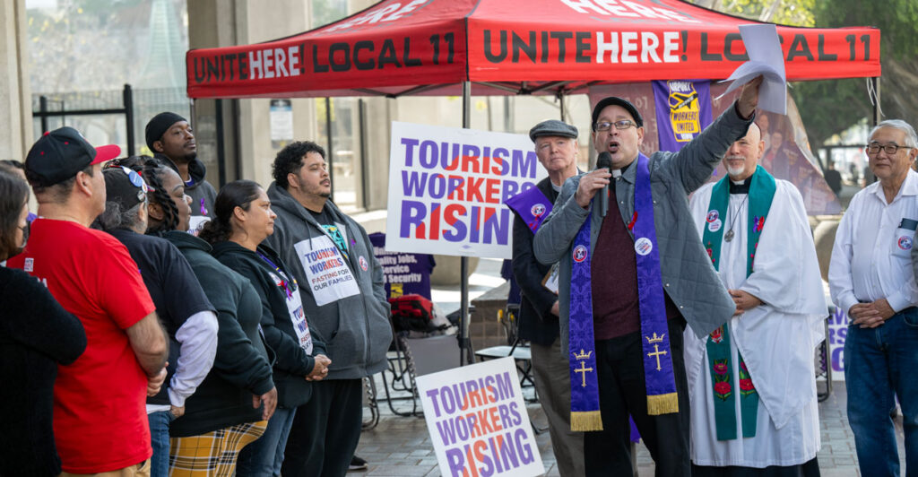 A group of airport and hotel workers stage a hunger strike outside of Los Angeles City Hall on Monday, December 9, 2024.