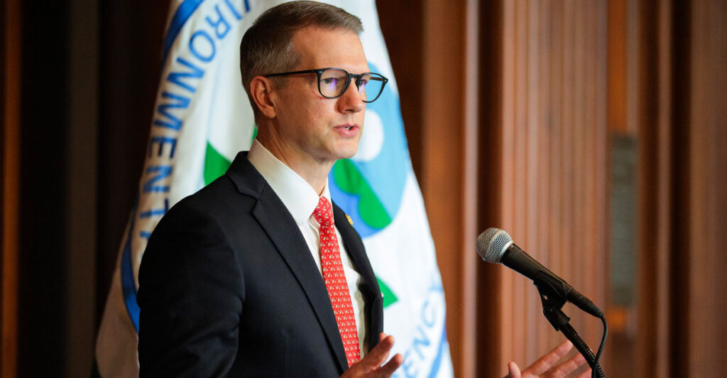 Rep. Riley Moore, R-W.Va., speaks at the Environmental Protection Agency in Washington on Feb. 18.