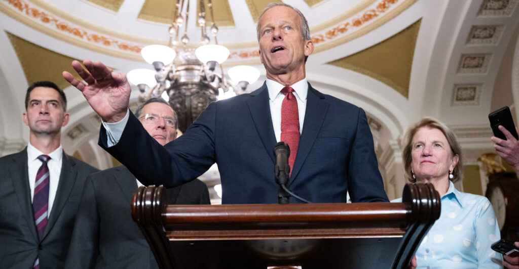 Senate Majority Leader John Thune, R-S.D., is flanked by (from left) Republican Sens. Josh Hawley of Missouri, John Barrasso of Wyoming, and Shelly Moore Capito of West Virginia on June 24.