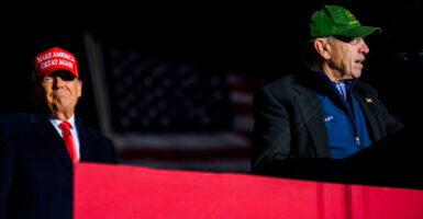 Sen. Chuck Grassley, R-Iowa (right), is joined by Donald Trump at a campaign event on Nov. 3, 2022, in Sioux City, Iowa.