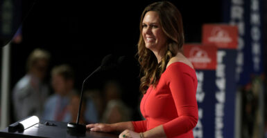 Arkansas Gov. Sarah Sanders speaks to the Republican National Convention on July 16, 2024, in Milwaukee, Wis.