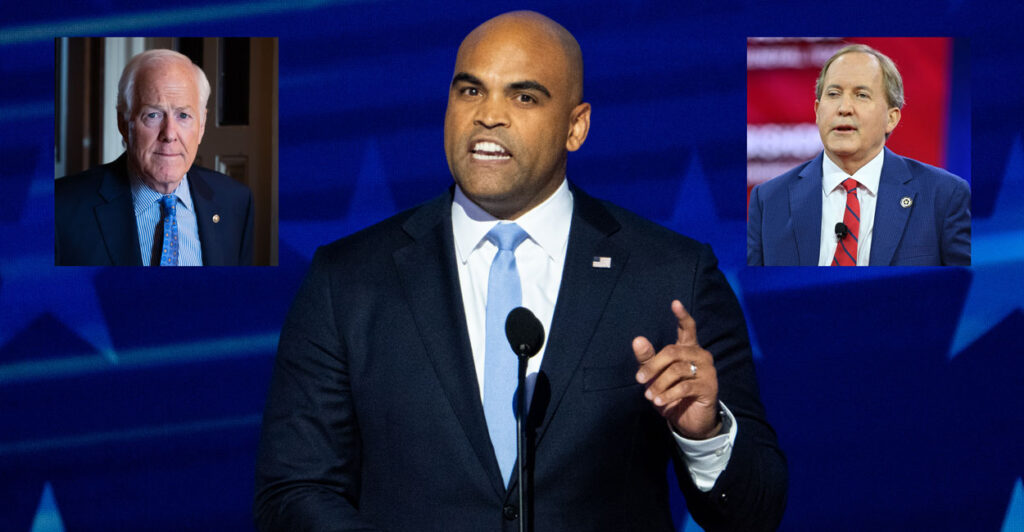 Former Rep. Colin Allred, D-Texas (center), running again for the Senate, awaits the outcome of the GOP primary between incumbent Sen. John Cornyn (left inset) and Texas AG Ken Paxton.