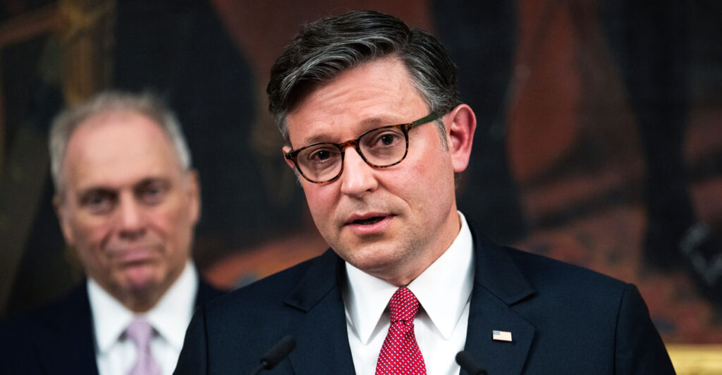 House Speaker Mike Johnson (right) and House Majority Leader Steve Scalise, both R-La.