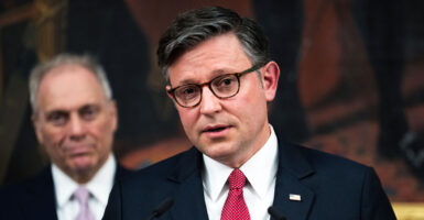 House Speaker Mike Johnson (right) and House Majority Leader Steve Scalise, both R-La.