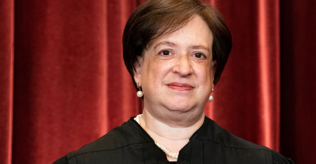 WASHINGTON, DC - APRIL 23: Associate Justice Elena Kagan stands during a group photo of the Justices at the Supreme Court in Washington, DC on April 23, 2021.