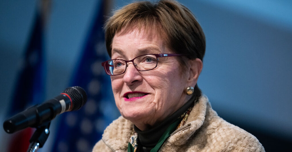 Close-up of Rep. Marcy Kaptur giving remarks.
