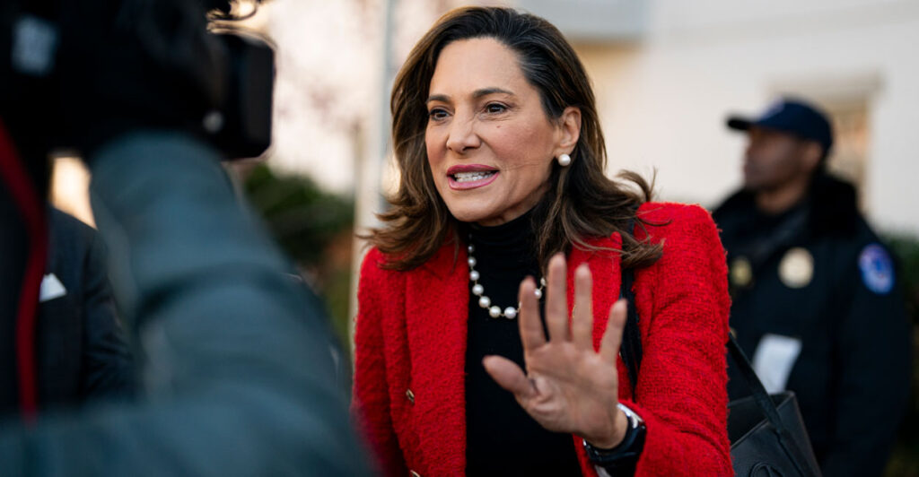 Rep. María Salazar, R-Fla., in a red blazer