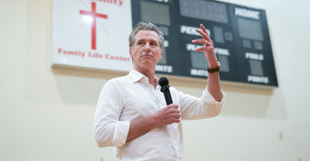 California Gov. Gavin Newsom speaks at Fisher Hill Community Baptist Church on July 8 in Cheraw, South Carolina.