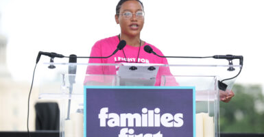 Kas Howar, Planned Parenthood Advocate, speaks during Families First Day of Action as Families Nationwide Rally Against Healthcare Cuts and Immigration Raids on July 26, 2025 in Washington, DC.